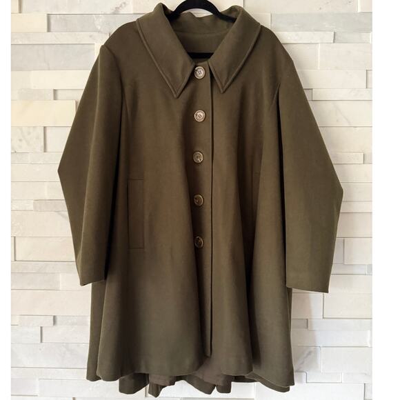 NAP NWOT 100% Wool/Cashmere Oversized Button Front Pleat Back Swing Coat Olive S - Picture 1 of 10